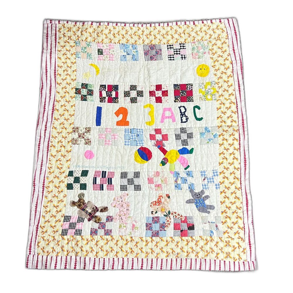 Vintage 90s Handmade Hand-quilted Applique Colorful Baby/Child Crib Quilt